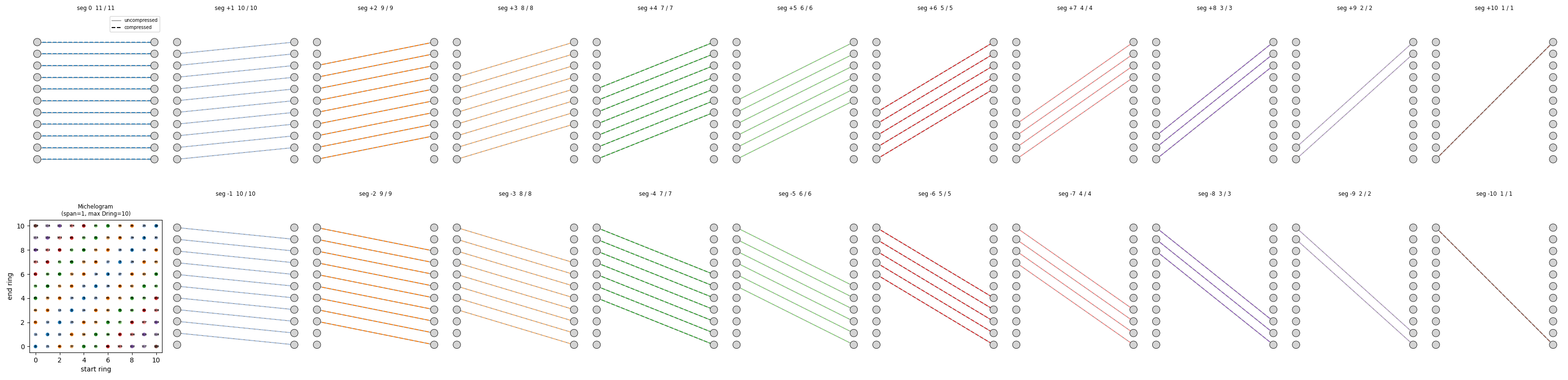 seg 0  11 / 11, seg +1  10 / 10, seg +2  9 / 9, seg +3  8 / 8, seg +4  7 / 7, seg +5  6 / 6, seg +6  5 / 5, seg +7  4 / 4, seg +8  3 / 3, seg +9  2 / 2, seg +10  1 / 1, Michelogram (span=1, max Dring=10), seg -1  10 / 10, seg -2  9 / 9, seg -3  8 / 8, seg -4  7 / 7, seg -5  6 / 6, seg -6  5 / 5, seg -7  4 / 4, seg -8  3 / 3, seg -9  2 / 2, seg -10  1 / 1