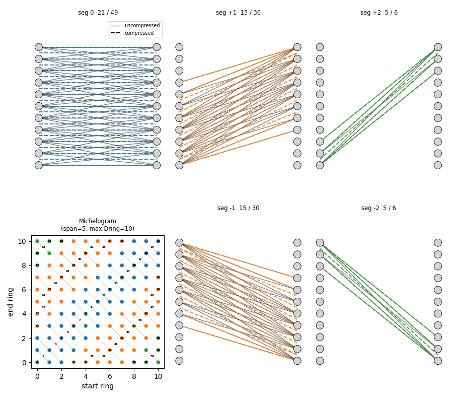 seg 0  21 / 49, seg +1  15 / 30, seg +2  5 / 6, Michelogram (span=5, max Dring=10), seg -1  15 / 30, seg -2  5 / 6